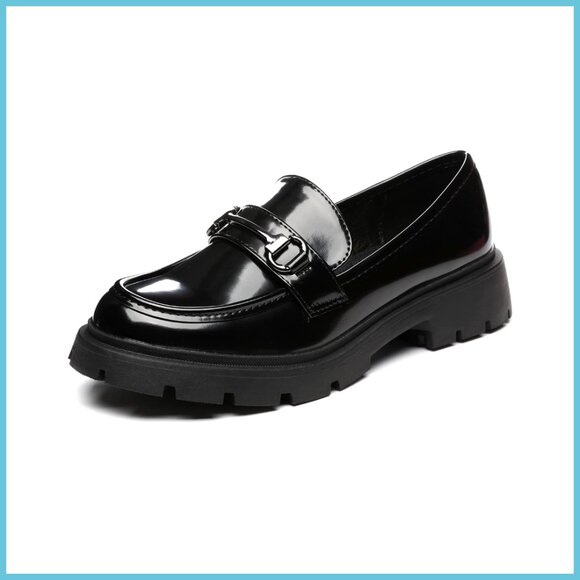 Shoes - Chunky Platform Loafers with Buckle Patent Leather Slip-on Shoes